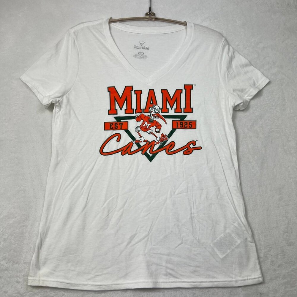 Miami Hurricanes Shirt Women Medium White Fanatics NCAA Short Sleeve V-Neck M